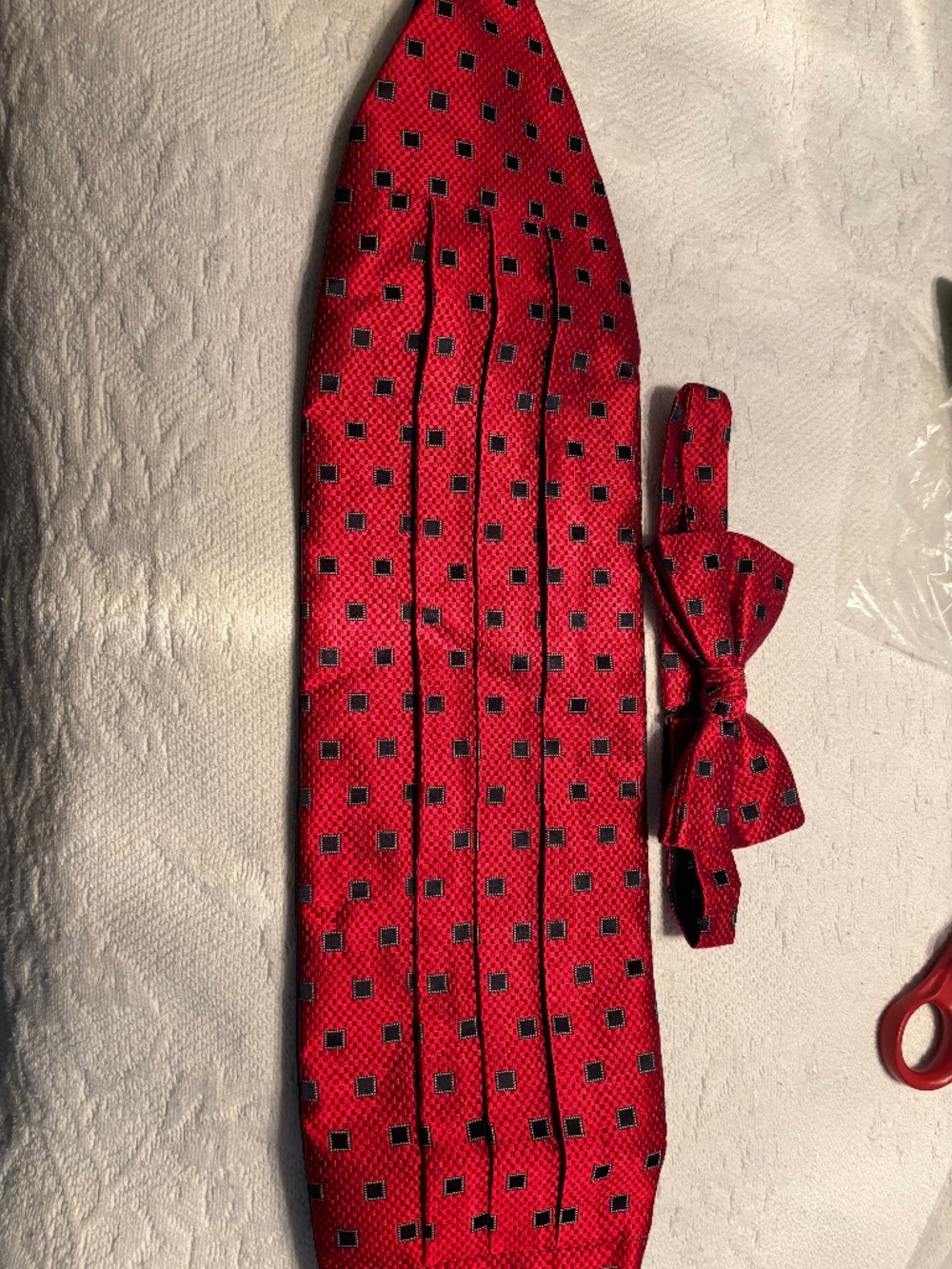Paul Frederick Red Checkered Cummberbund & Bow Tie - Adjustable